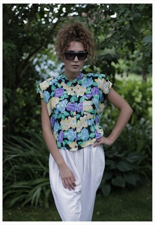 VINTAGE 80'S MULTI COLOUR FLOWER PRINT CROPPED BLOUSE