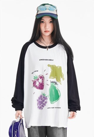 Fruit print raglan top long sleeve graffiti t-shirt in white