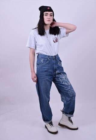 VINTAGE 90'S BOYFRIEND CRAZY PRINT DENIM JEANS SIZE 10 12