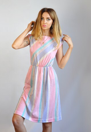 VINTAGE 90S PASTEL PINK, PURPLE & WHITE STRIPE MIDI DRESS