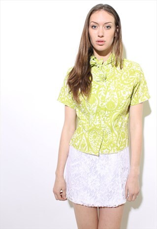 VINTAGE 1960'S 60'S LIME GREEN & WHITE PRINT BOW BLOUSE S-M