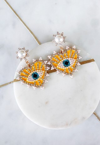 GOLD DIAMANTE PEARL HEART EVIL EYE YELLOW DROP EARRINGS