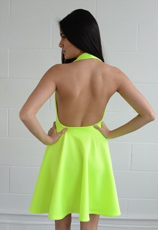 NEW WOMENS LADIES PLUNGE NEON HALTER NECK SKATER DRESS