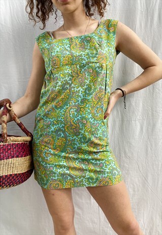 VINTAGE 60S HAUTE BOHEME PAISLEY PRINT MINI DAY DRESS BOHO