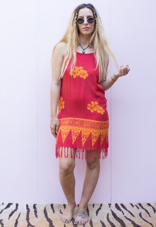 VINTAGE HAWAIIAN FLOWER FRINGE MINI DRESS