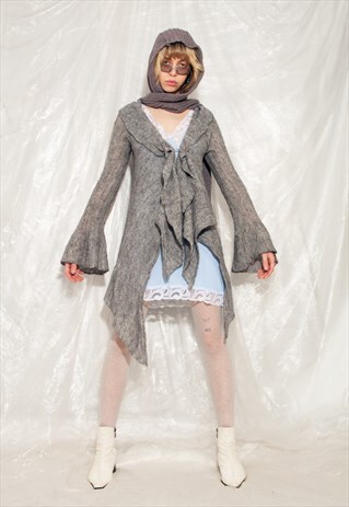 VINTAGE KNIT CARDIGAN Y2K FRILLY FAIRYCORE JUMPER IN GREY