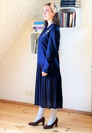 NAVY MIDI PLEATED SKIRT DRESS