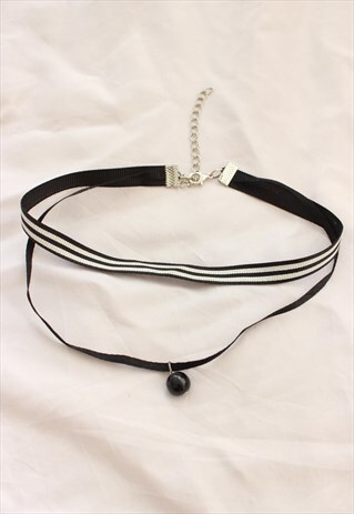 BLACK WHITE STRIPES VELVET CHOCKER WITH TINSEL BALL