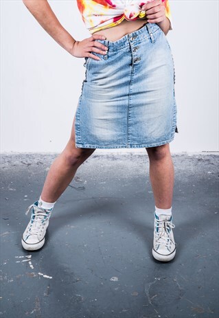 VINTAGE 1990S STUDDED BLUE DENIM MINI SKIRT