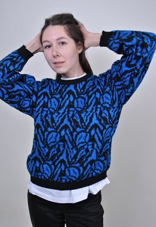 90S BLUE ABSTRACT SWEATER, RETRO PATTERN PULLOVER