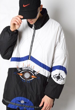 VINTAGE 80S WHITE COLOUR BLOCK EMBROIDERED SKI JACKET
