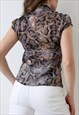 Y2K RUFFLED TOP PUSSY TIE UP BOW BLOUSE PYTHON SNAKE PRINT 