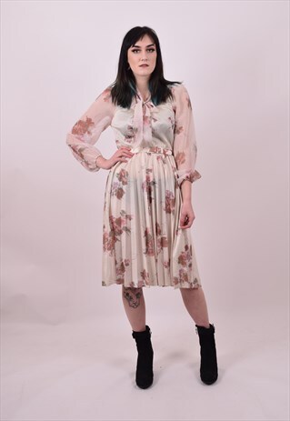 VINTAGE 70'S CREAM FLOWER PRINT SUMMER DRESS SIZE 8 10 12
