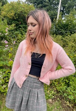 Vintage 00s Y2K Pink Fluffy Gold Bee Button Cardigan