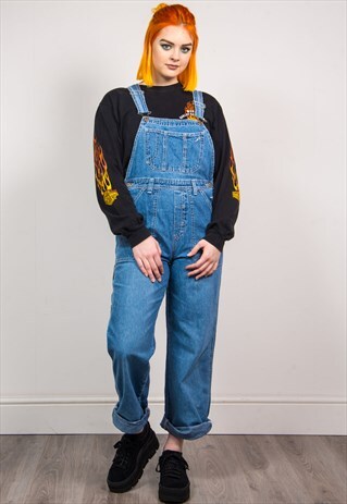 VINTAGE 90'S BLUE DENIM LONG LENGTH DUNGAREES