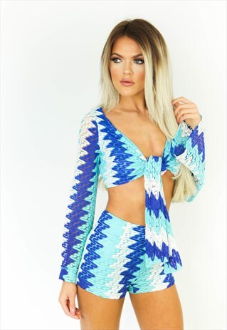 BLUE CROCHET PATTERN TIE CROP TOP & MATCHING SHORTS CO ORD