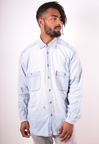 ARMANI JEANS MENS VINTAGE DENIM SHIRT XL BLUE 90S