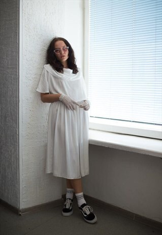VINTAGE 80'S MIDI WHITE STRIPED SHORT SLEEVED DRESS