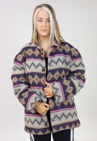 VINTAGE 90'S COSY BLOCK PATTERNED FLEECE JACKET
