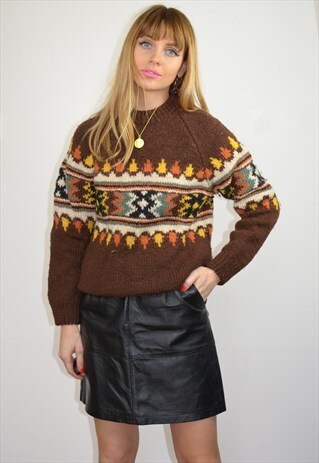 VINTAGE 70S NORDIC BROWN PATTERN KNITTED GRANDAD JUMPER