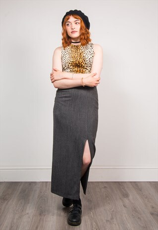 90'S VINTAGE GRUNGE GREY SMART PENCIL SLIT MAXI SKIRT