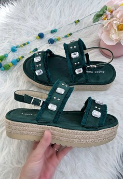 Chunky Green Embellished Sandals
