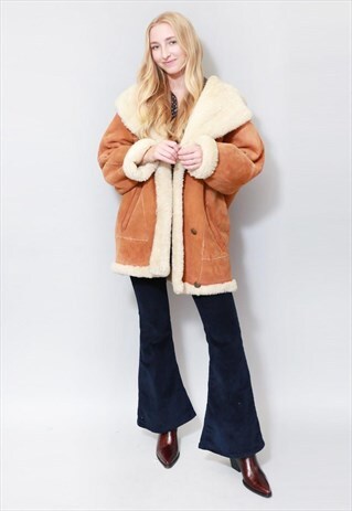 VINTAGE 1980'S HOODED BROWN SOFT SHEARLING COAT