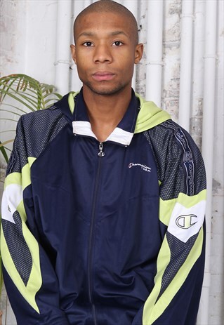 VINTAGE CHAMPION LOGO HOODED TRACK JACKET BLUE AND YELLOW