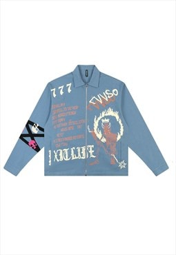 Gothic varsity jacket punk graffiti college bomber in blue
