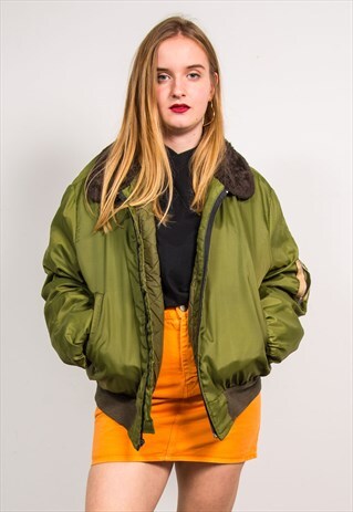 VINTAGE 90'S GREEN FAUX FUR COLLAR BOMBER JACKET
