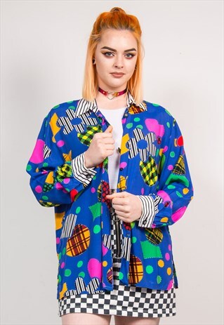 90'S VINTAGE BLUE BRIGHT PATCH PATTERN SHIRT