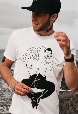 'MERMAID & MERMAN' HAND PRINTED T-SHIRT IN WHITE