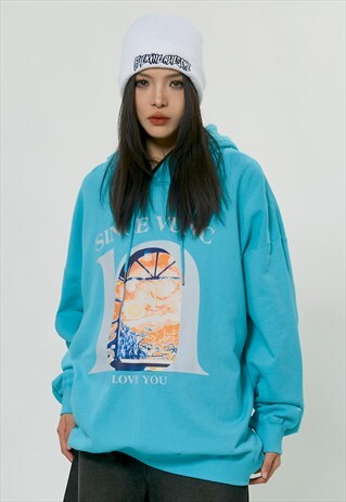 HEAVEN PRINT HOODIE SKATER PULLOVER GRUNGE JUMPER TURQUOISE