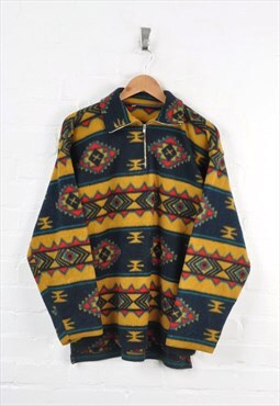 Vintage Fleece 1/4 Zip Aztec Pattern Mustard/Blue Medium