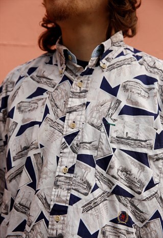 VINTAGE 90S TOMMY HILFIGER ABSTRACT BOAT PATTERN SHIRT BLUE