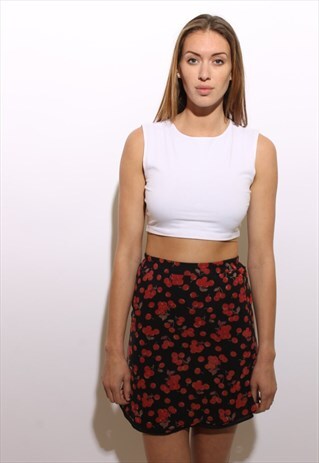 VINTAGE 1990'S 90'S CHERRY PRINT BLACK CHIFFON SKIRT XS-S