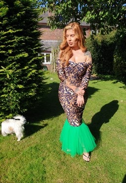 Mariella Sculpt Leopard Print Jersey & Green Tulle Dress
