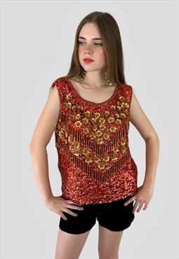 50's Red Sequin Gold Floral Sleeveless Wool Top Evening