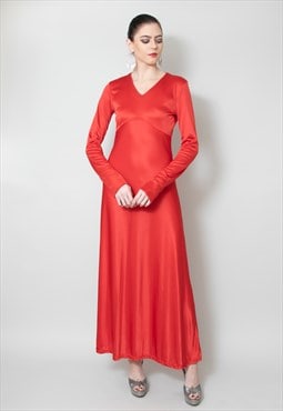70's Vintage Ladies Red Long Sleeve Midi/Maxi Dress