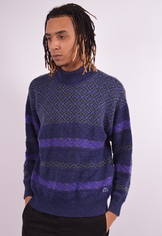 KAPPA MENS VINTAGE ROLL NECK JUMPER MEDIUM NAVY BLUE 90S