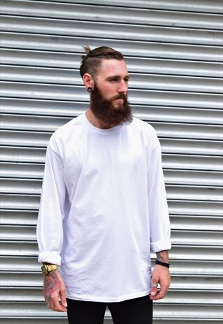 NEW PLAIN WHITE OVERSIZE LONG SLEEVE TSHIRT TOP TEE