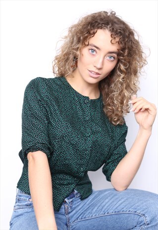 VINTAGE 80S GREEN BLACK POLKADOT TOP