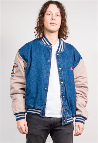 90'S VINTAGE DENIM PADDED BASEBALL STYLE BOMBER JACKET