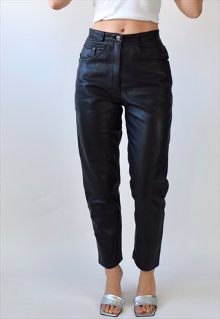 VINTAGE 80S-90S BLACK LEATHER HIGH WAISTED TROUSERS 10/S