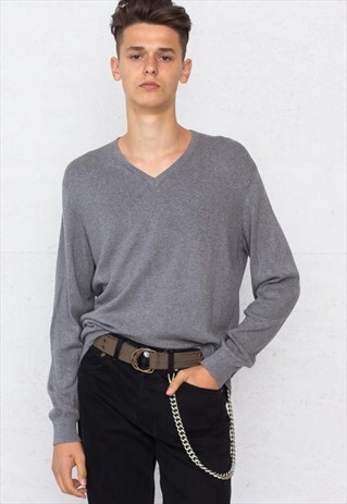 VINTAGE GREY CALVIN KLEIN V-NECK KNIT JUMPER SWEATER