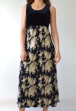VINTAGE 90S VELVET AND SATIN FLORAL MIDI DRESS