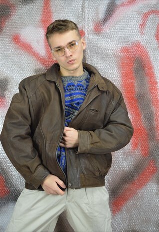 VINTAGE DARK BROWN CLASSIC LEATHER BOMBER JACKET