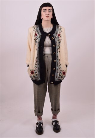 VINTAGE 80'S OVERSIZED CRAZY PRINT MOHAIR CARDIGAN SIZE M