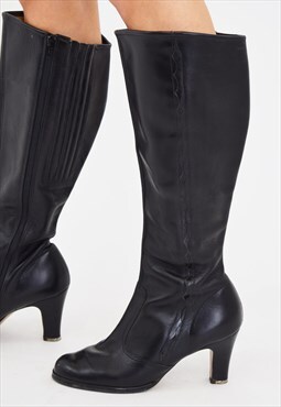 Vintage Black Leather Knee High Boots