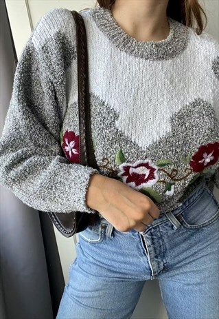 VINTAGE 80S FLORAL APPLIQUE PATTERN KNIT JUMPER SWEATER
